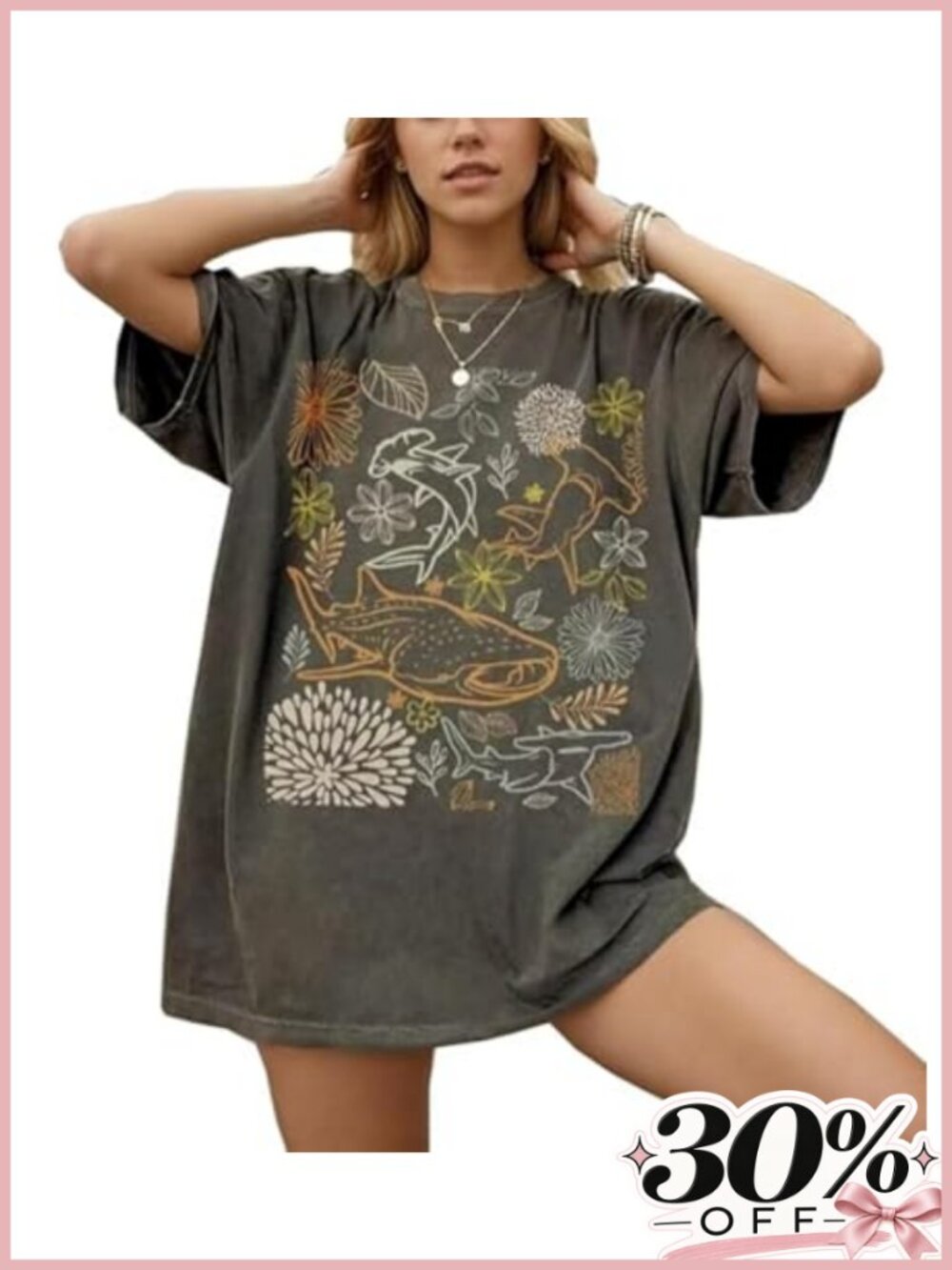 Oversized Shark Graphic T-Shirt Cotton Blend Summer Casual